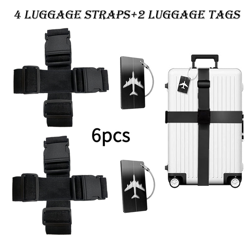 6 Luggage Strap Set (4 Luggage Belts+2 Luggage Tags) Adjustable Luggage Strap+Luggage Tag Set, Travel Adjustable Suitcase Strap Luggage Tags with Name Cards, Men'S And Women'S Travel Additions, Luggage Tags, Quick Identification Luggage, Durable, S