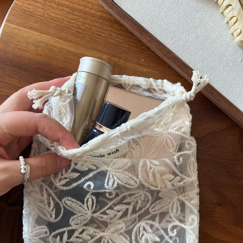 Boho Apricot Drawstring Bag, Lace Embroidery Makeup Brush Bag, Vintage Storage Pouch for Jewelry, Sanitary Napkins & Earphone Cable