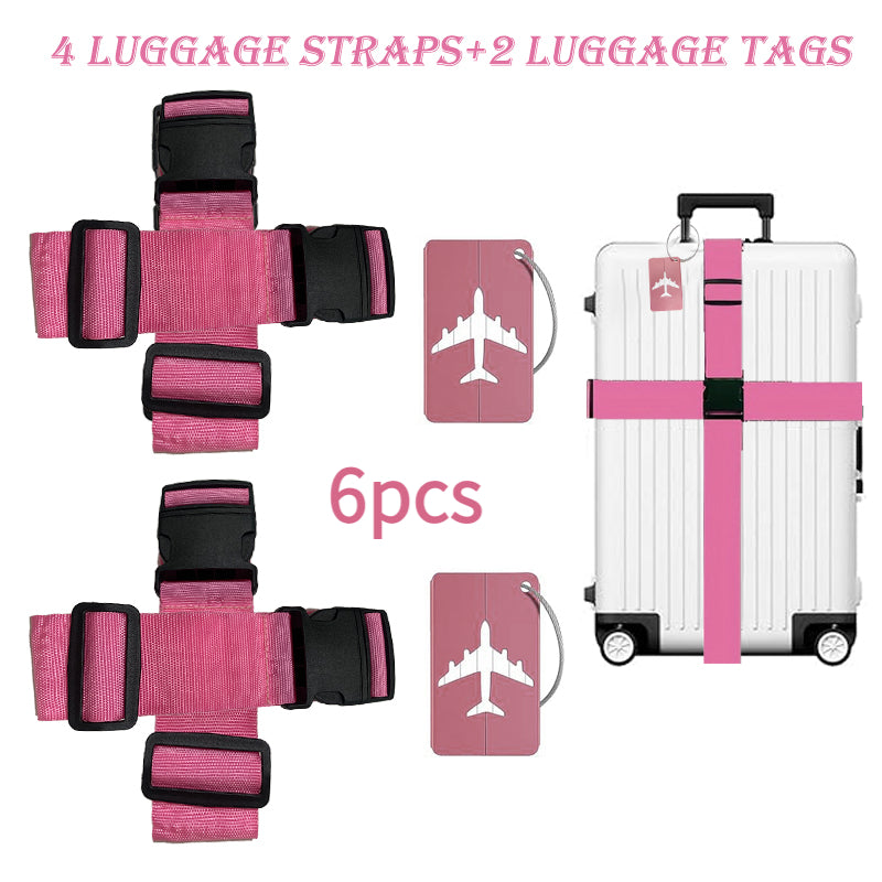 6 Luggage Strap Set (4 Luggage Belts+2 Luggage Tags) Adjustable Luggage Strap+Luggage Tag Set, Travel Adjustable Suitcase Strap Luggage Tags with Name Cards, Men'S And Women'S Travel Additions, Luggage Tags, Quick Identification Luggage, Durable, S