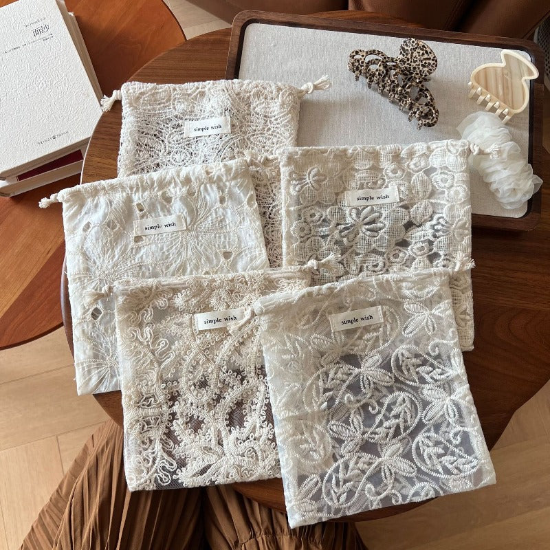 Boho Apricot Drawstring Bag, Lace Embroidery Makeup Brush Bag, Vintage Storage Pouch for Jewelry, Sanitary Napkins & Earphone Cable