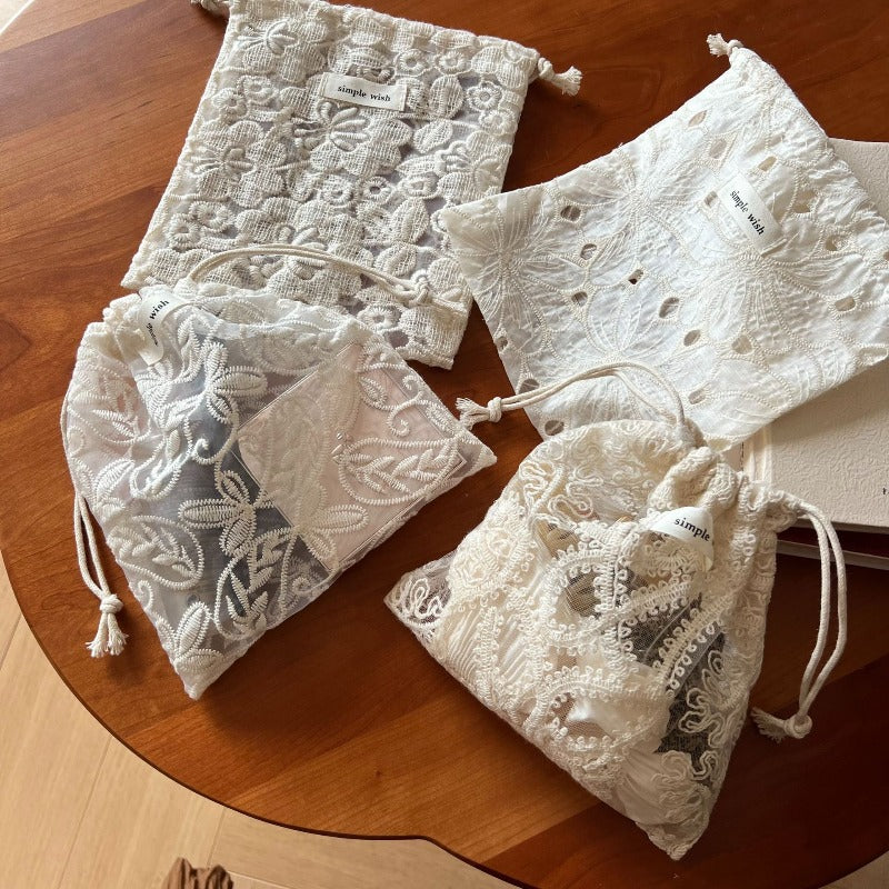 Boho Apricot Drawstring Bag, Lace Embroidery Makeup Brush Bag, Vintage Storage Pouch for Jewelry, Sanitary Napkins & Earphone Cable