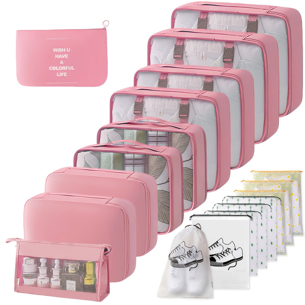 18pcs Travel Organizing Bag Set | Packing Cubes, Washbag, Clothing Bags, Underwear Bag, Drawstring Bag, Toiletry Bag, Shoe Bag, Suitable for Backpacks, Suitcases, Travel Gear, Back-to-School, Casual Style, Available in, Pink, Grey, Navy