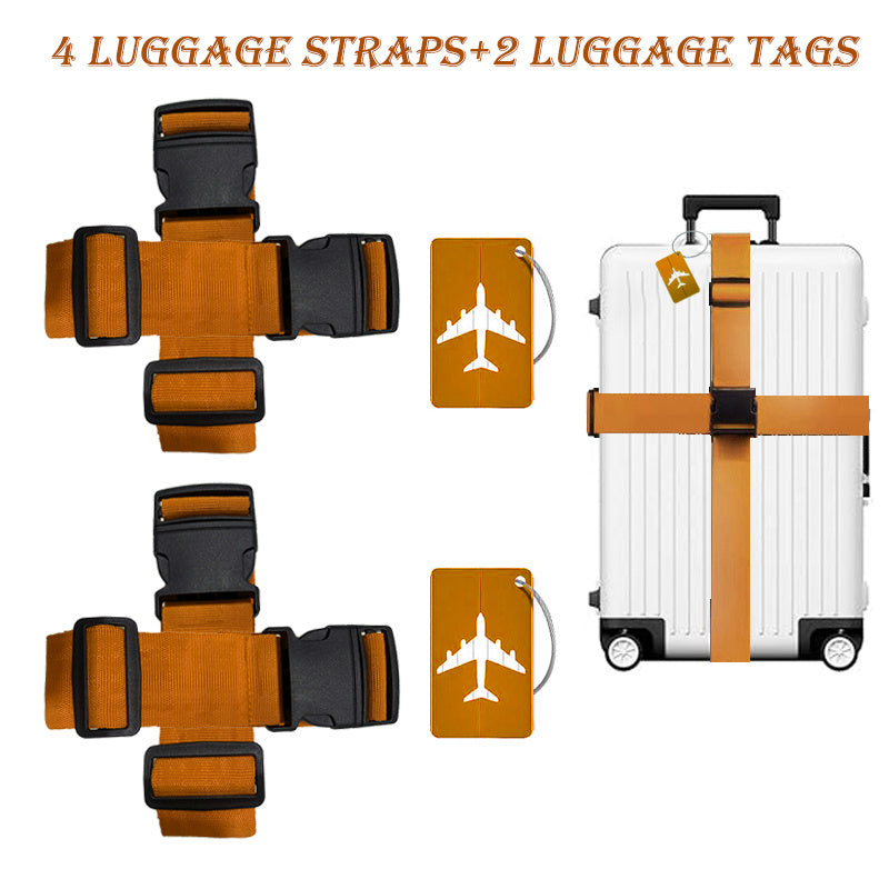 6 Luggage Strap Set (4 Luggage Belts+2 Luggage Tags) Adjustable Luggage Strap+Luggage Tag Set, Travel Adjustable Suitcase Strap Luggage Tags with Name Cards, Men'S And Women'S Travel Additions, Luggage Tags, Quick Identification Luggage, Durable, S