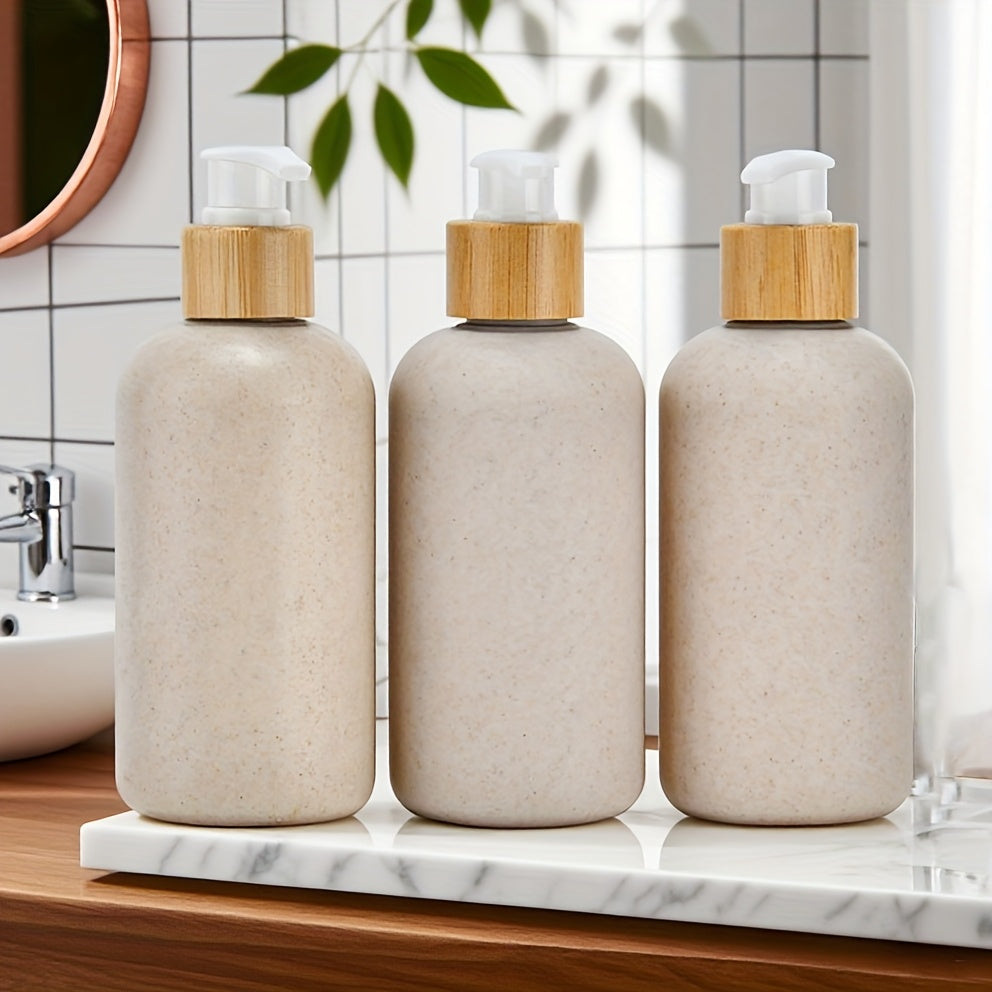 1 Box of 108pcs 250ml\u002F8.45oz Wheat Straw Squeeze Pump Bottles Wholesale • Leak-Proof Bamboo Lid Design • Plastic Empty Bottles for Cosmetics and Skincare • Travel Bottles • Bulk Discount