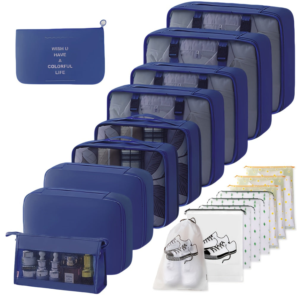 18pcs Travel Organizing Bag Set | Packing Cubes, Washbag, Clothing Bags, Underwear Bag, Drawstring Bag, Toiletry Bag, Shoe Bag, Suitable for Backpacks, Suitcases, Travel Gear, Back-to-School, Casual Style, Available in, Pink, Grey, Navy