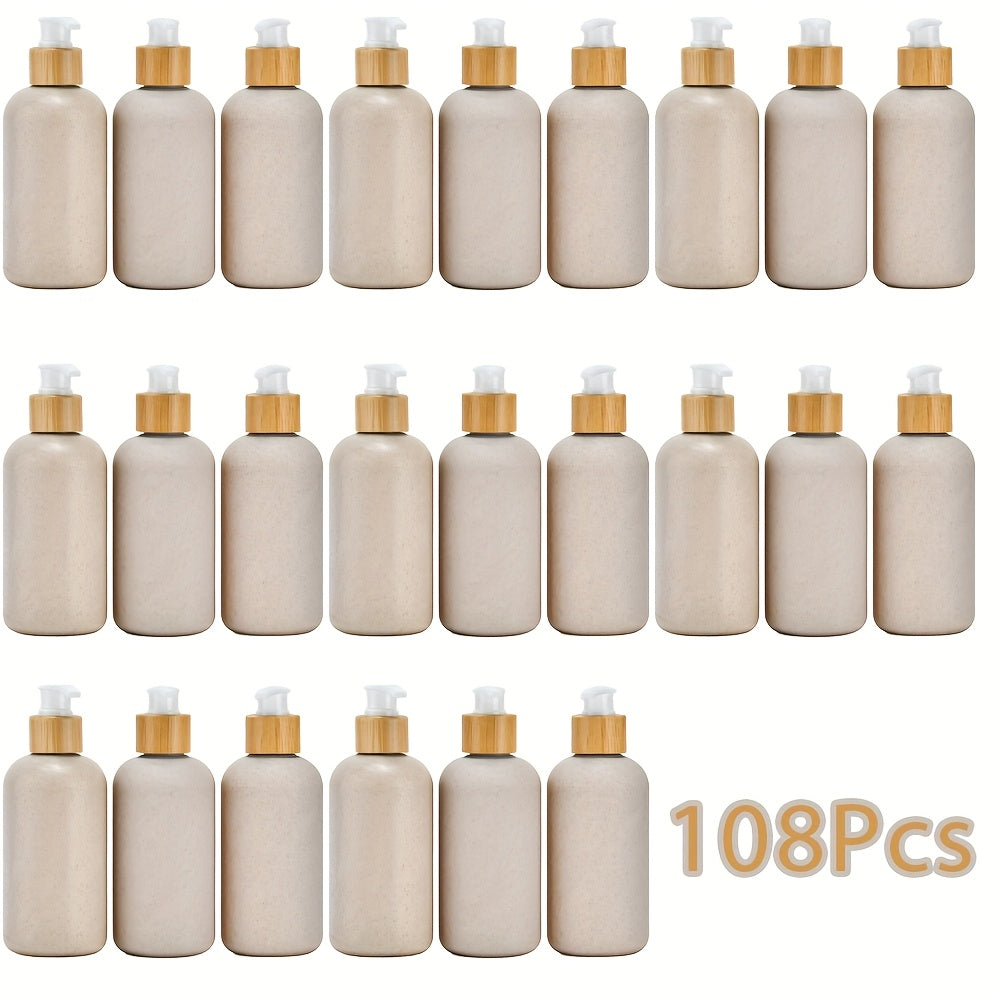 1 Box of 108pcs 250ml\u002F8.45oz Wheat Straw Squeeze Pump Bottles Wholesale • Leak-Proof Bamboo Lid Design • Plastic Empty Bottles for Cosmetics and Skincare • Travel Bottles • Bulk Discount