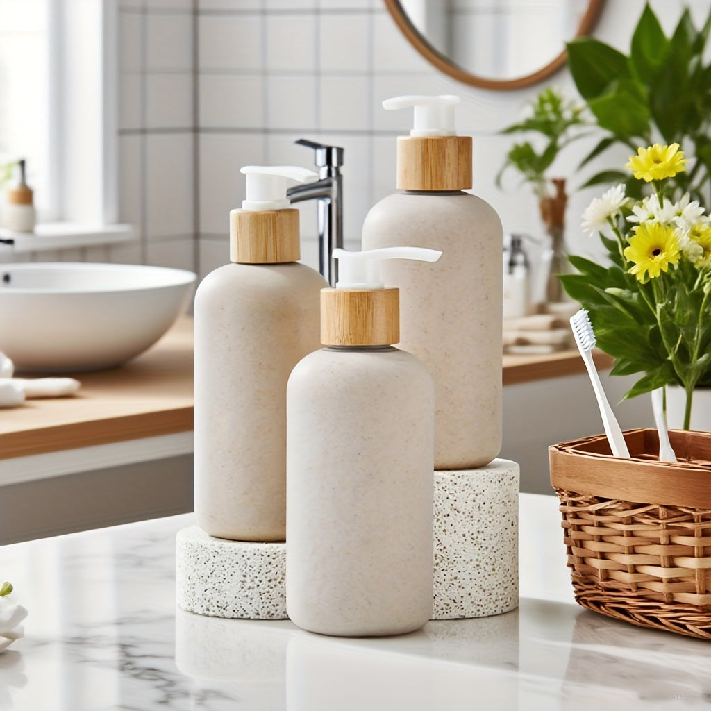 1 Box of 108pcs 250ml\u002F8.45oz Wheat Straw Squeeze Pump Bottles Wholesale • Leak-Proof Bamboo Lid Design • Plastic Empty Bottles for Cosmetics and Skincare • Travel Bottles • Bulk Discount