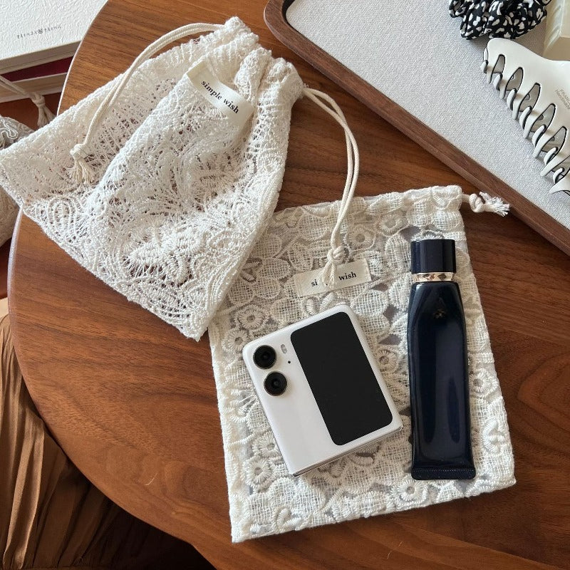 Boho Apricot Drawstring Bag, Lace Embroidery Makeup Brush Bag, Vintage Storage Pouch for Jewelry, Sanitary Napkins & Earphone Cable