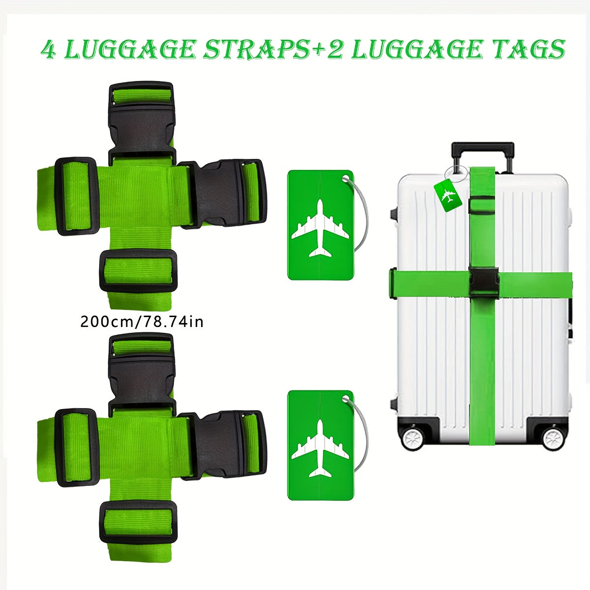 6 Luggage Strap Set (4 Luggage Belts+2 Luggage Tags) Adjustable Luggage Strap+Luggage Tag Set, Travel Adjustable Suitcase Strap Luggage Tags with Name Cards, Men'S And Women'S Travel Additions, Luggage Tags, Quick Identification Luggage, Durable, S