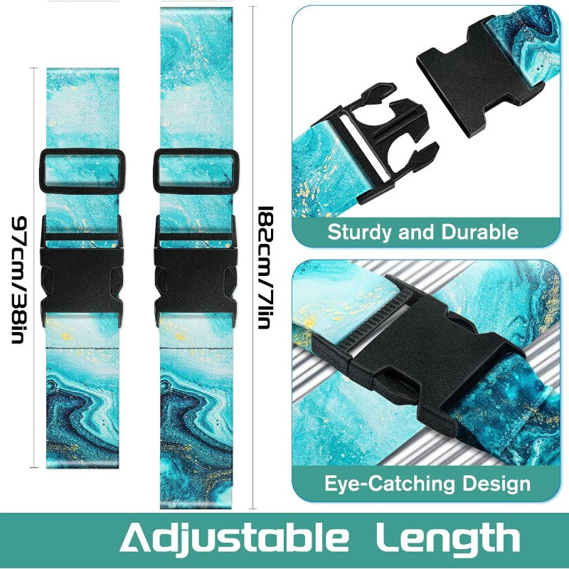 2 Pack Slohif Luggage Straps Compatible for Suitcases, Sleeping Bags, Car Seats & Backpacks - Adjustable Travel Belt with Quick-Release Buckle, Luggage Identifier, Nylon (Green Marble) Adjustable Length over Handle Connector Strap