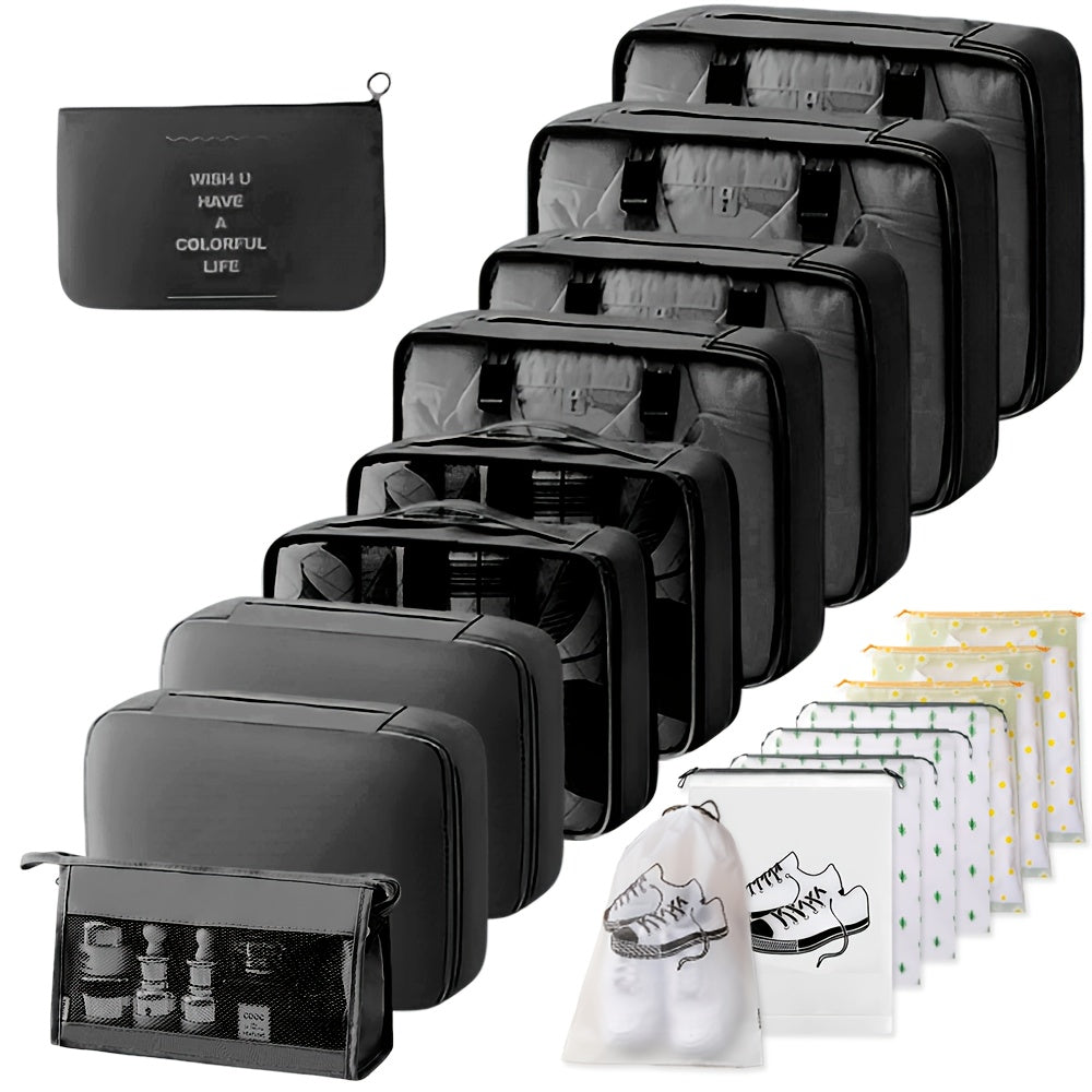 18pcs Travel Organizing Bag Set | Packing Cubes, Washbag, Clothing Bags, Underwear Bag, Drawstring Bag, Toiletry Bag, Shoe Bag, Suitable for Backpacks, Suitcases, Travel Gear, Back-to-School, Casual Style, Available in, Pink, Grey, Navy
