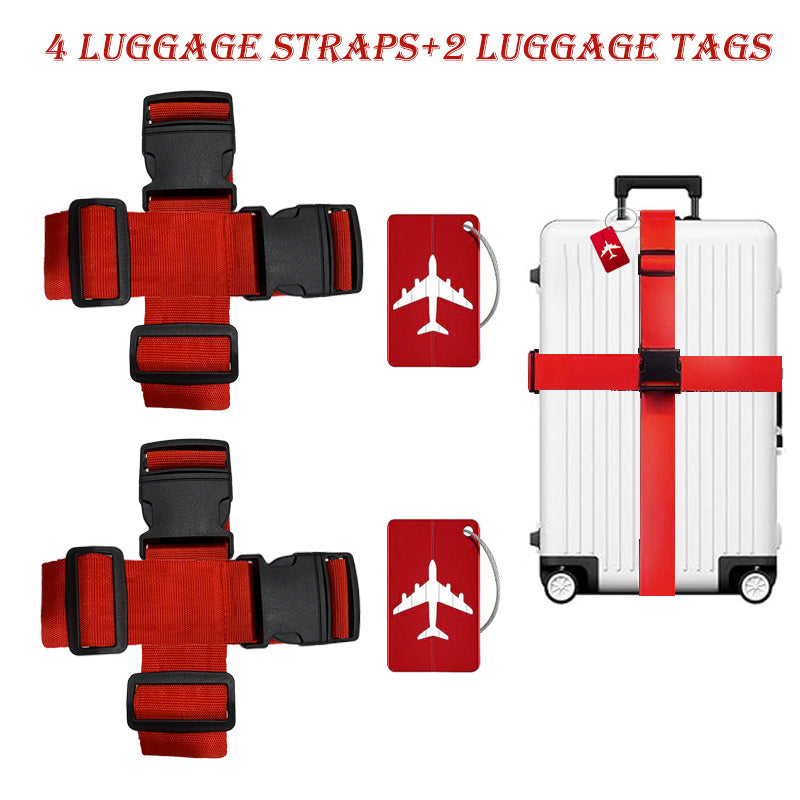 6 Luggage Strap Set (4 Luggage Belts+2 Luggage Tags) Adjustable Luggage Strap+Luggage Tag Set, Travel Adjustable Suitcase Strap Luggage Tags with Name Cards, Men'S And Women'S Travel Additions, Luggage Tags, Quick Identification Luggage, Durable, S