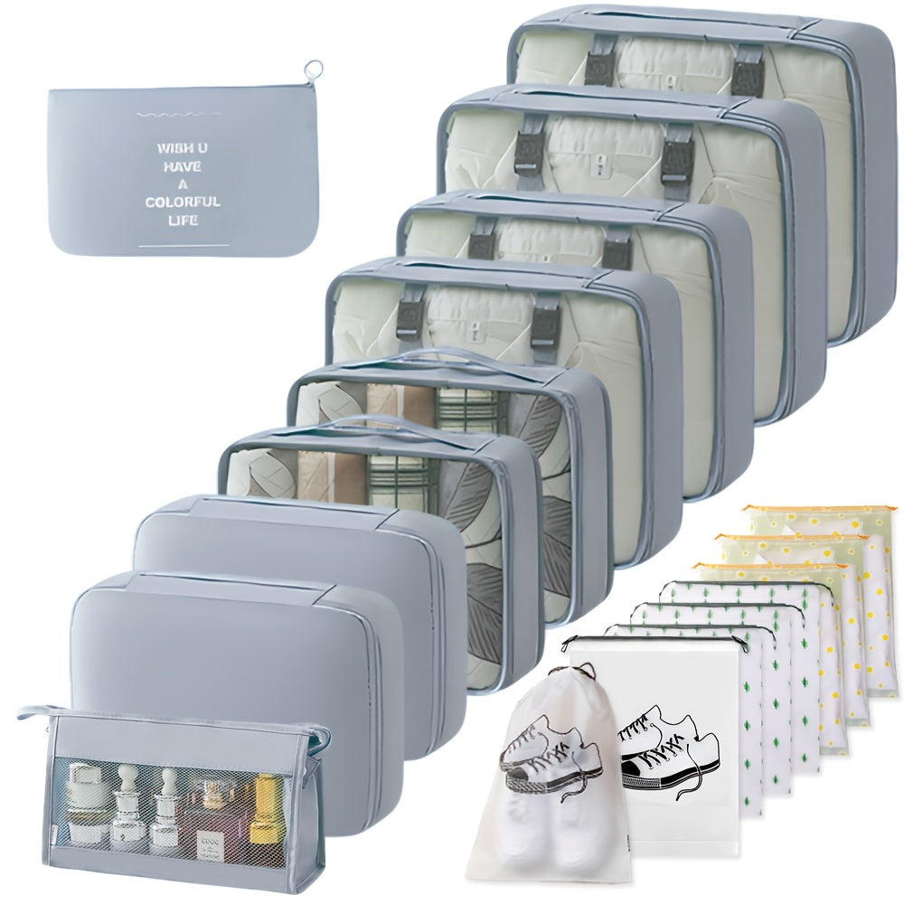 18pcs Travel Organizing Bag Set | Packing Cubes, Washbag, Clothing Bags, Underwear Bag, Drawstring Bag, Toiletry Bag, Shoe Bag, Suitable for Backpacks, Suitcases, Travel Gear, Back-to-School, Casual Style, Available in, Pink, Grey, Navy