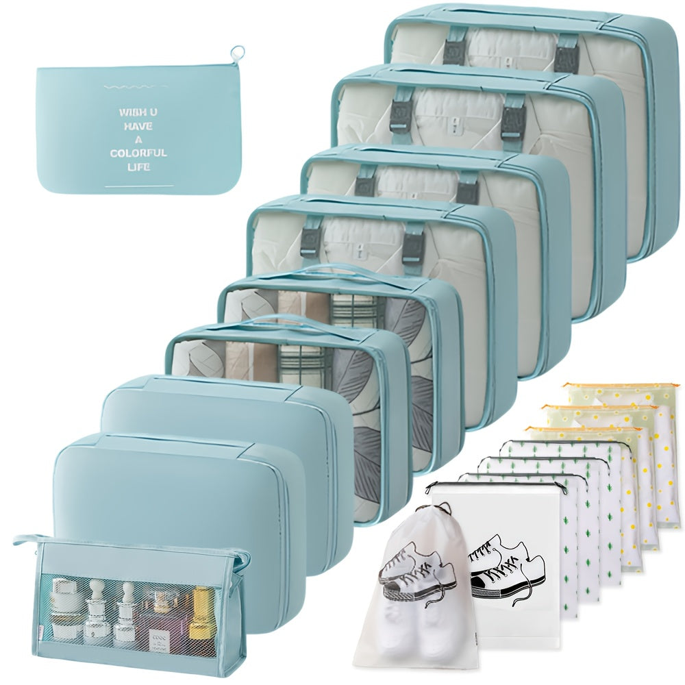 18pcs Travel Organizing Bag Set | Packing Cubes, Washbag, Clothing Bags, Underwear Bag, Drawstring Bag, Toiletry Bag, Shoe Bag, Suitable for Backpacks, Suitcases, Travel Gear, Back-to-School, Casual Style, Available in, Pink, Grey, Navy