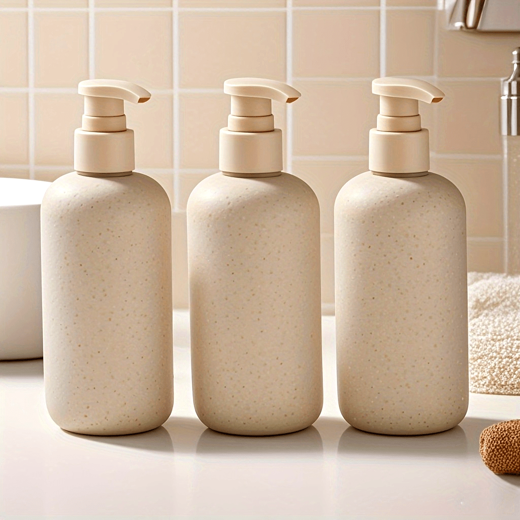 4pcs 250ml\u002F8.45oz Travel Bottle Set with four funnels, Wheat Straw Bottle, Shampoo Squeeze Lotion Bottle, Empty Plastic Refill Bottle- Travel Size, Shower Gel Shampoo Conditioner Refill, Family Size