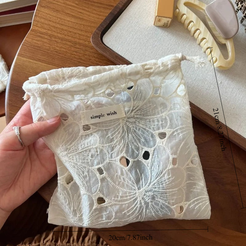 Boho Apricot Drawstring Bag, Lace Embroidery Makeup Brush Bag, Vintage Storage Pouch for Jewelry, Sanitary Napkins & Earphone Cable
