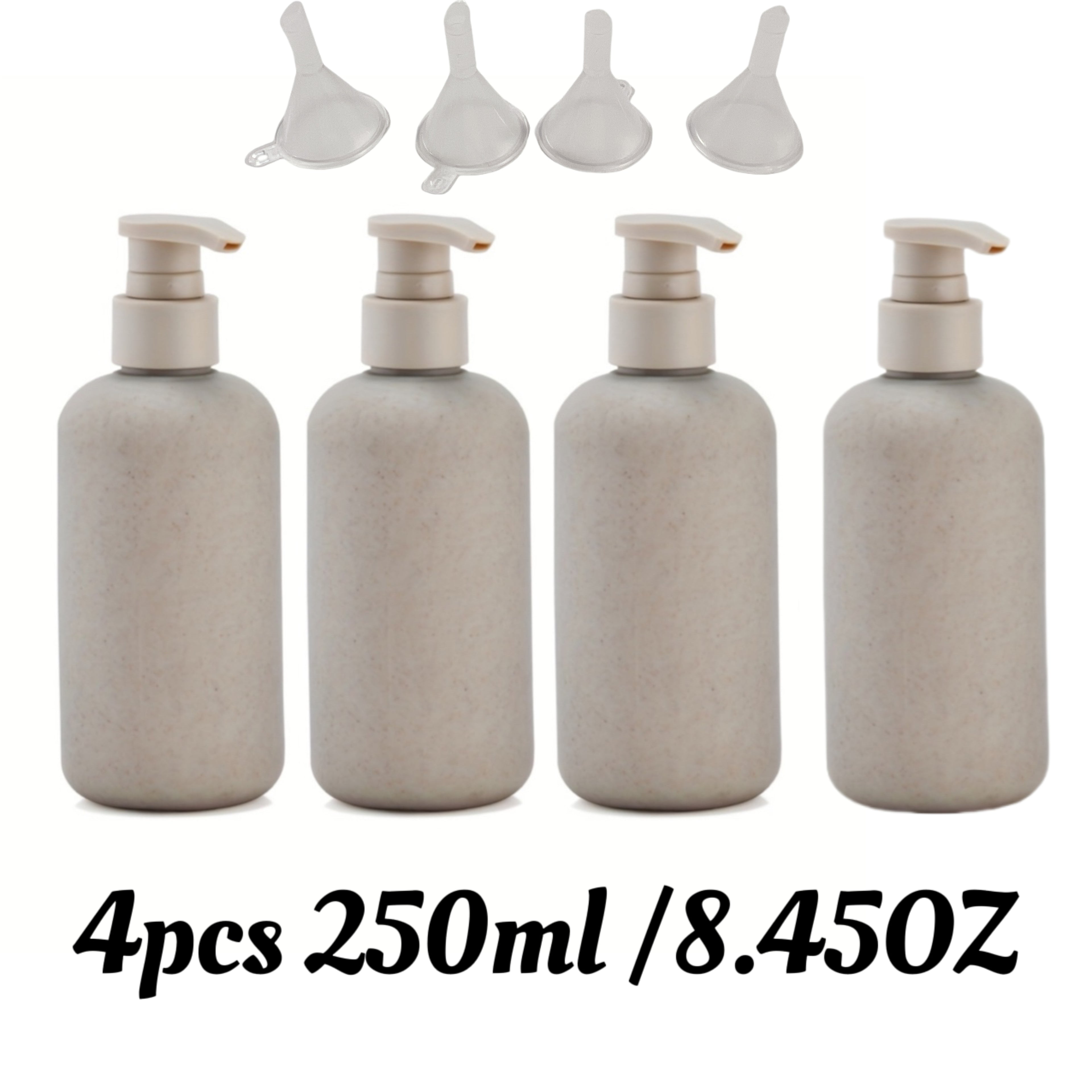 4pcs 250ml\u002F8.45oz Travel Bottle Set with four funnels, Wheat Straw Bottle, Shampoo Squeeze Lotion Bottle, Empty Plastic Refill Bottle- Travel Size, Shower Gel Shampoo Conditioner Refill, Family Size