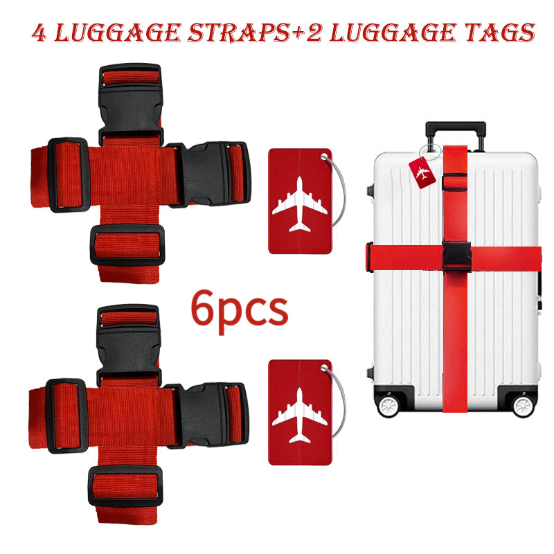 6 Luggage Strap Set (4 Luggage Belts+2 Luggage Tags) Adjustable Luggage Strap+Luggage Tag Set, Travel Adjustable Suitcase Strap Luggage Tags with Name Cards, Men'S And Women'S Travel Additions, Luggage Tags, Quick Identification Luggage, Durable, S